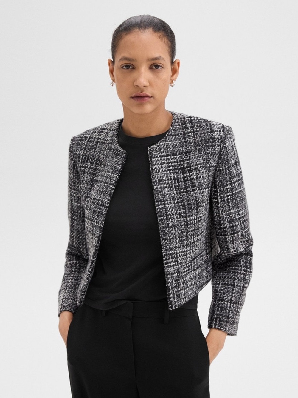 Theory Navy and White Tweed Cropped Blazer